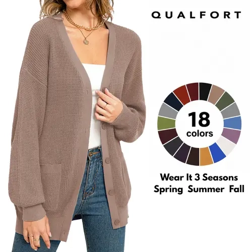 QUALFORT Women's 100% Cotton Chic Knitted Cardigan Sweater - Soft, Breathable Long-Sleeve V-Neck Button-Front Knitwear with Pockets, Casual Layering Tops for Spring, Fall Outfits,sohochic