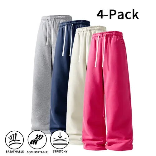 Men’s 4-Pack Baggy Wide-Leg Sweatpants, Stretch Breathable Fabric, Drawstring Elastic Waist, Loose Fit, Daily Street Casual Jogger Pants