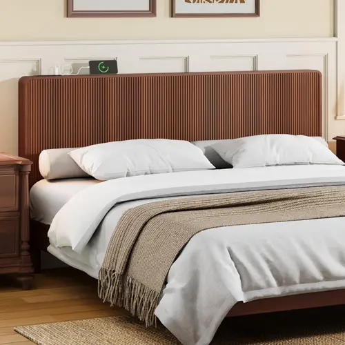 Giratree Wood Fluted Headboard King Size, Mid Century Modern King Headboard Only, Wall Mounted Headboard with 2 Outlets and USB & Type C Port, Curved Wooden Bed Headboards, Stylish Bedroom Decor