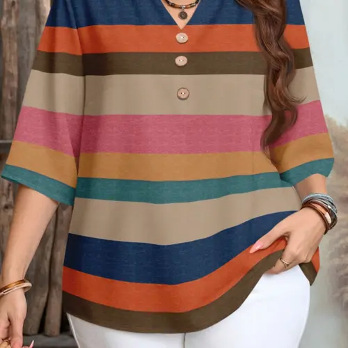 Boho Style Woven Bohemian Women's Casual Loose Fit Style Oversized Shirt Blouses Top, 3/4 Sleeve Vintage Striped, Elegant, Romantic and Chic, Perfect for Spring/summer Beach or Tropical Vacations
