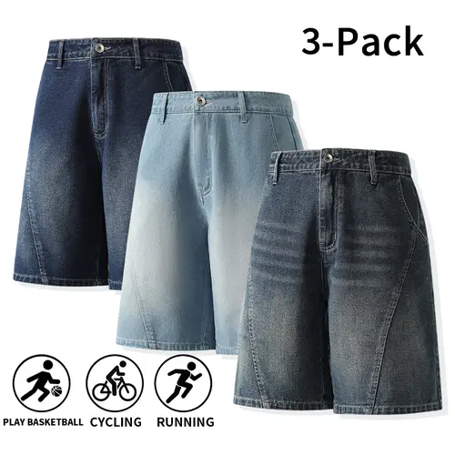 Men’s classic washed blue non-stretch denim shorts — loose straight fit, suitable for everyday casual wear and street style, with a washed denim texture. Available as a two-pack/three-pack set, featuring a clean, eye-catching look.