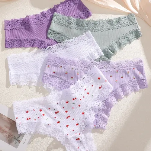 5 Pcs Lace Trim Cute Print Women's Brazilian Panties, Soft Knit Fabric Underwear Set, Comfortable & Stylish Lingerie for Daily Wear