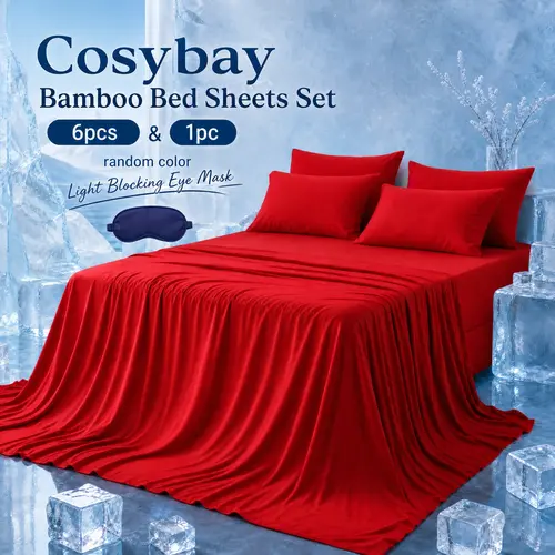 6pcs Bamboo Bed Sheet Set for kids Home, Flat Sheet, Fitted Sheet, Pillow covers, Extra Deep Pocket 21 Inch Bed Sheet, Luxury Hotel & Cooling Sheet Set for Hot Sleepers, Gift ideas for Hot Summer, ( Comes with a complimentary eye mask )