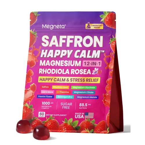 12-in-1 Magnesium Complex Gummies with KSM-66 Ashwagandha & Saffron – Multi-Magnesium Formula with GABA, L-Theanine, Rhodiola & Lion's Mane for Stress Support, Mood & Sleep, 60 Gummies, Sugar Free, Non-GMO Strawberry Flavor