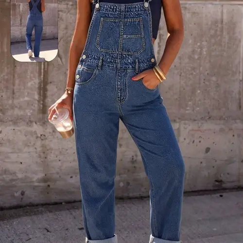 Women's Vintage Vibe Style Denim Overall Pants, Womenswear, Loose Straight Fit, Practical Pockets, Perfect for Daily Wear, Commuting, and Leisure
