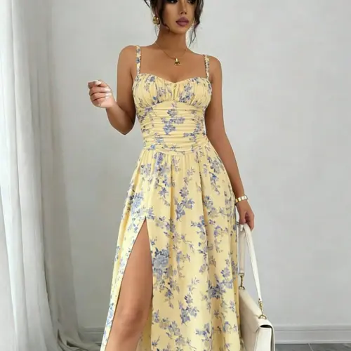 Boho Floral Print Sleeveless Spaghetti Strap High-Slit Women's Dress, Elegant and Alluring Wedding Guest Dress for Weddings, Summer Vacations and Special Occasion