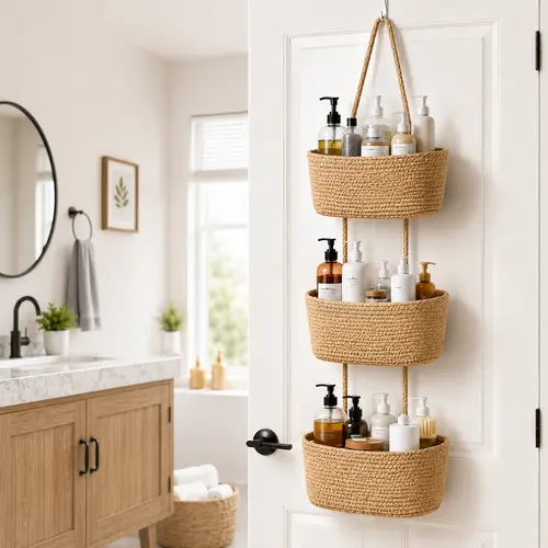 【Free Shipping (14in)】Woven Cotton 3-Tier Over-the-Door Basket, Wall-Mounted Jute Storage Organizer for Bathroom Decor, French Country Style for Busy Parents to Store Diapers, Toys, Laundry Items, with Gift Hook for Home Storage Organization