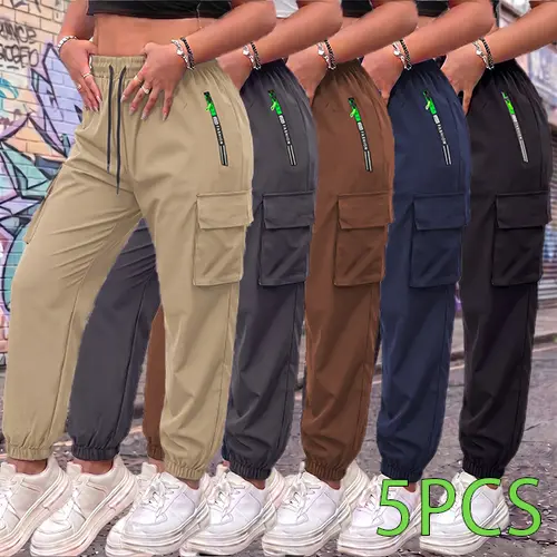 Pack of 5 women’s summer cargo jogger pants with zippered pockets, stylish large pocket design, elastic waistband with stretch, casual outdoor/everyday wear slim-fit long pants, Cargo Pants Women, Multi-Pocket Utility Pants