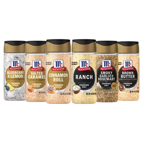 McCormick Finishing Salts & Sugars Fan Favorites Bundle- Finishing Favorites- (Blueberry Lemon, Cinnamon Roll, Salted Caramel, Ranch, Garlic & Rosemary, Brown Butter) Variety Pack