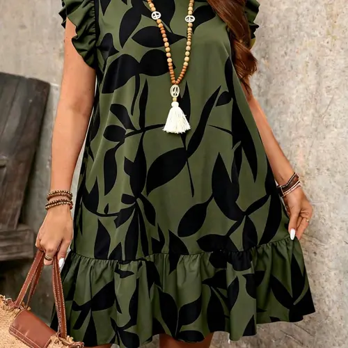 Plus Size Leaf Print Ruffled Sleeve Dress, Loose A-Line Short Dress, Perfect for Vacation, Casual Comfortable Daily Wear, Boho, Bohemian