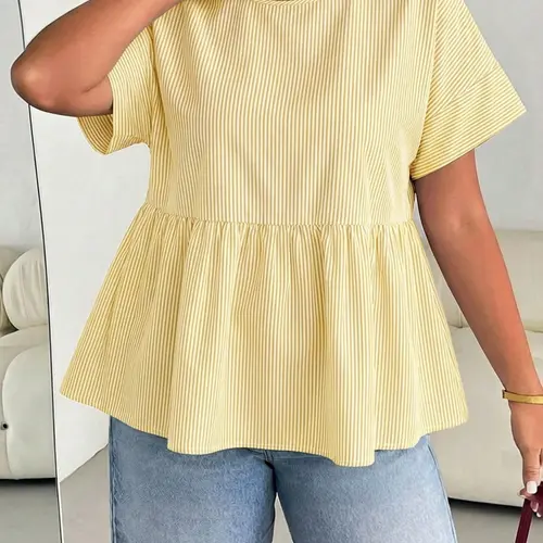 Plus Size Oversize Solid Striped Ruffle Top, Loose Fit Women's Round Neck Short Sleeve Shirt Blouse, Perfect for Daily Wear, Fashionable, Casual, Aesthetic and Versatile, Ruffled Everyday, Bohemian Casual Top, Boho Bohemian Blouse, Summer Vibes Tops