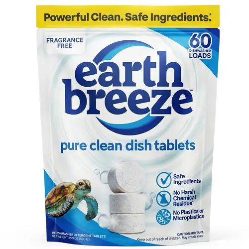 Earth Breeze Dishwasher Detergent Tablets, Free & Clear, 60 Count | 100% Plastic-Free Tablets with No Harsh Chemicals, 3-in-1 Triple Enzyme Formula, Eco-Friendly Dish Washing Pods, HE Safe