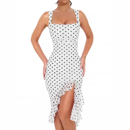 BORIFLORS 2026 Women's Sleeveless Square Neck Ruched Mesh Bodycon Midi Dress - Elegant Party, Formal, Wedding Guest Pick, Night Out Clothes, Spring Summer Wear with Slit Ruffle Hem, Elegant Party Dress, Formal Dresses,sohochic