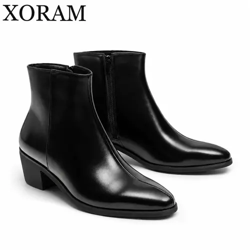 XORAM Men's Pointed-Toe Low Heel (1-3 cm) Side-Zipper Footwear, Multi-Function Black Business Leather Boots, Suitable for Commuting & Formal Occasions, Unisex Model 66675-J,sohochic