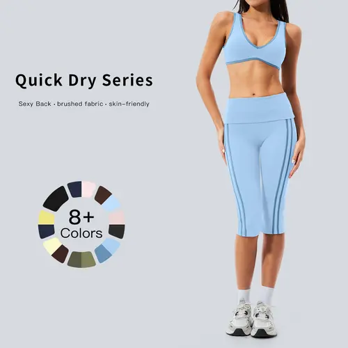TENWOLF Women's 2-Piece Capri Fitted Sportswear Set, Retro Color-Block Brushed V-Neck Workout Top & High-Waisted Tummy Control Leggings, Breathable Activewear for Gym & Casual Use, 2 Piece Sets