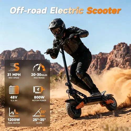 G67 800W (1200W Peak) Adult Electric Scooter, 35° Hill Climb, 31MPH Speed, 30Mile Range, 48V 15.6Ah Battery, 10" Off-Road Tires, Front & Rear Dual Suspension, Dual Disc Brakes, E-ABS, IPX5 Waterproof, LCD Display, RGB Lights, Foldable