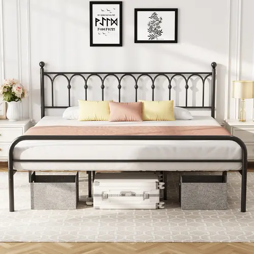Sweetcrispy Queen Size Modern Style Bed Frame - Furniture, Long Durability Steel Slat Mattress Foundation, Under-Bed Storage, Easy Assembly, Apartment Furniture