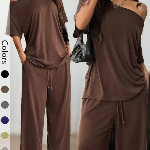 Women's 2-Piece Sleepwear Set Loungewear Outfit, Casual Solid Color, Loose Short Sleeve Top and Long Pants, Comfortable Homewear