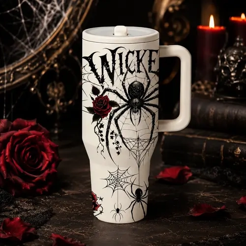 1‑Piece 40oz Insulated Mug, Double Wall Leak‑Proof Large Handle Thermal Cup, Keeps Hot 12 Hours and Cold 24 Hours, Dark Gothic Print Gift for Women and Men, Halloween Holiday, Office Travel Daily Use