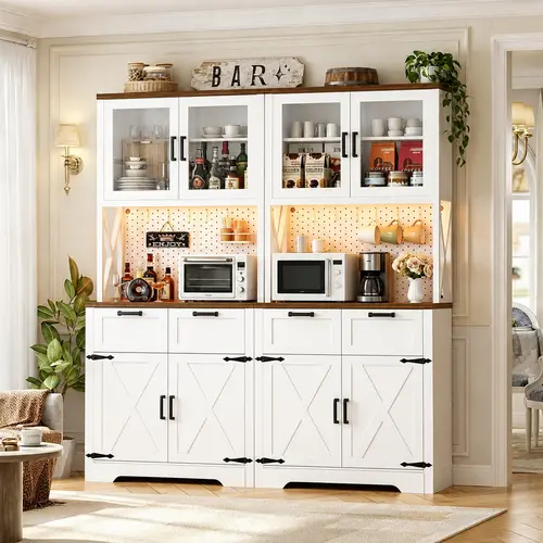 Homieasy Kitchen Pantry Storage Cabinet with LED Light & Outlet, Pantry Cabinet with Microwave Stand, DIY Pegboard, Drawers and Adjustable shelf, Farmhouse Kitchen Hutch for Dining Room, Furniture
