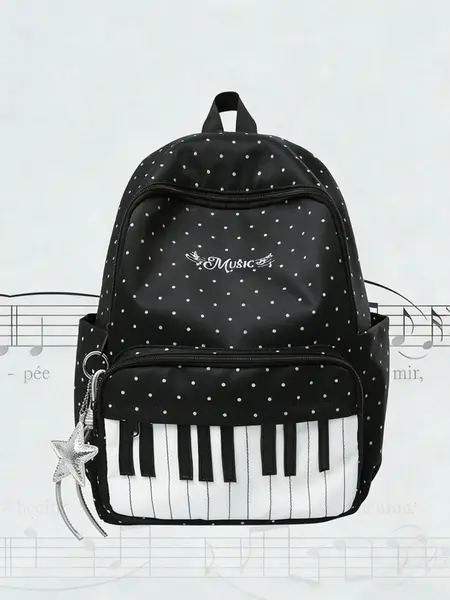 Unique Music Theme Zip Backpack, Piano Keys and Polka Dot Pattern, Fashionable and High-Quality Large Capacity Backpack, Suitable for School, Commuting & Daily Wear, Zipper Backpack