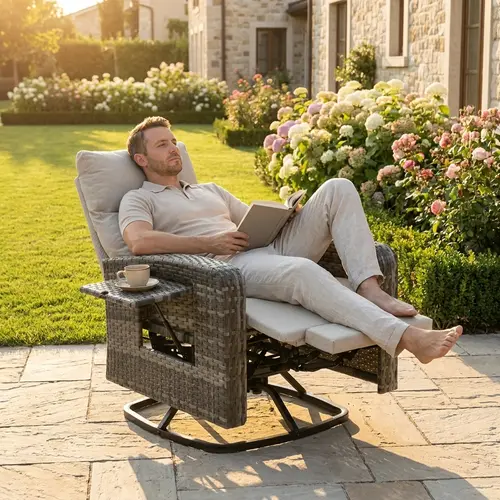 【SohoChic】ZZWHOM Modern Handmade PE Rattan Single Outdoor Recline Chair - Patio Furniture, Fixed Arms, Ergonomic Outdoor Seating, 360-Degree Swivel Base, Adjustable Backrest, Flip Table Snacks, Washable Detachable Waterproof Cushion Cover for Porch