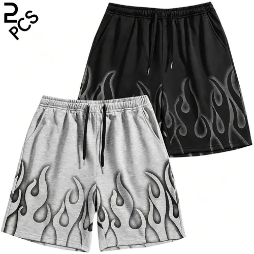 Men’s 2-Pack 5-in Flame Athletic Gym Shorts, Trendy Stylish Y2K Street Hip-Hop Casual Menswear with Elastic Waistband and Drawstring, Matching Design