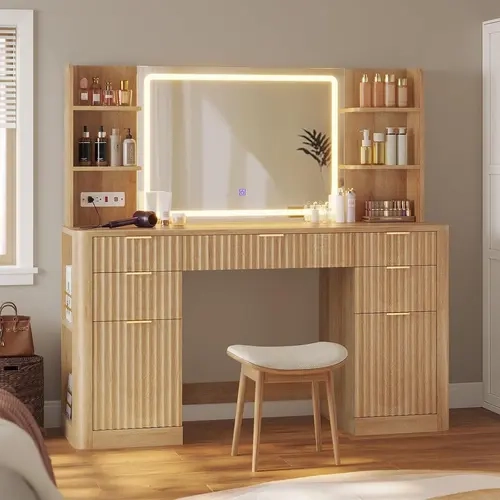 Sikaic 51.2" Fluted Makeup Vanity Desk with LED Mirror & Lights, Modern Vanity Table with 5 Drawers, 2 Cabinets, 6 Storage Shelves & Power Outlet, Solid Wood Legs Dressing Table for Bedroom, Home Furniture Christmas Gifts [SohoChic]