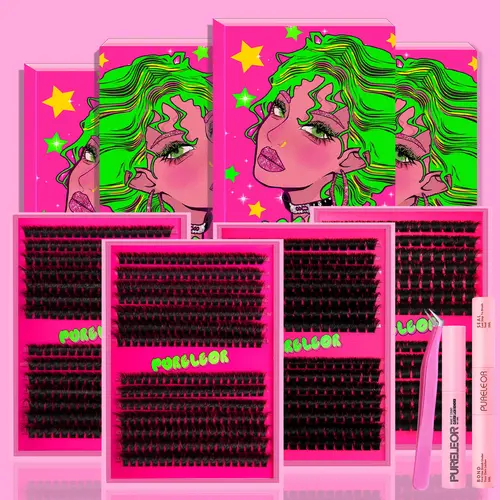 PURELEOR Natural Cluster Lashes Kit, DIY D-Curl Wispy Cat Eyes Individual Lashes, Mixed 10-12-14-16mm Soft False Eyelash Extensions for At-Home Use, Date Night