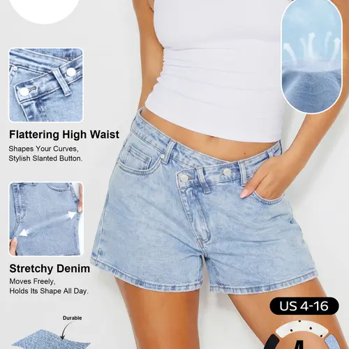 Katch Me Chic Women's Versatile High Waist Slanted Button Flexible Stretch Denim Shorts, Street Style Wrinkle-Resistant Durable Bottom, Summer Casual Lightweight Daily Jeans #TikTokMadeMeBuyIt #SummerEssentials #DenimOutfit #HighWaistedShorts #StreetStyle