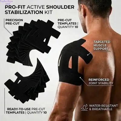Pre‑Cut Kinesiology Athletic Tape for Shoulder Pain Relief & Support, Waterproof Breathable High‑Elastic Sports Muscle Tape, Ideal for Workout, Fitness Training, Injury Recovery & Daily Shoulder Care (Black)