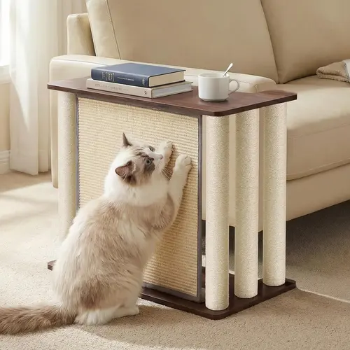 Veehoo Modern Right-Facing Cat Scratcher End Table - 1-Piece Engineered Wood, Space-Saving Freestanding Furniture-Safe Couch Protector, Solid Sisal Panel & Posts, Black Walnut Pet Corner Side Table, Easy Assembly, Remote + Coffee Spot, Claw Protection