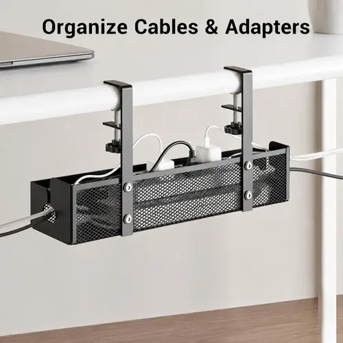 No-drill clamp-style metal under-desk cable organizer, suitable for home and office, combines power strip cables into one for storage, 2-in-1 desktop cable management organizer, compatible with desk surfaces less than 2 inches thick