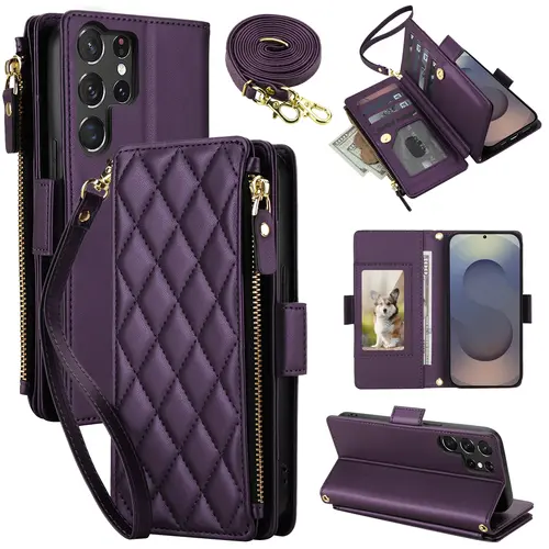 HISTORYOO 9 Cards Slots Holder Wallet Case For Samsung Galaxy S26 S25 Ultra S24 S23 Plus S22+ Handbag Luxury Large Capacity PU Leather Zipper Cash Coin Purse Bag Flip Kickstand Shockproof Full Body Protection Cover Wristlet Wrist Crossbody Lanyard Strap