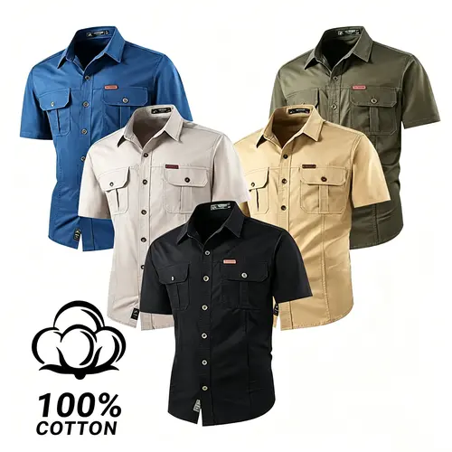 Men's Lightweight Plain Short-Sleeve Casual Work Shirt - Casual Work Wear, Menswear Tops, Single Pack, Multiple Pockets, Summer Outdoor Use, Father's Day Gift