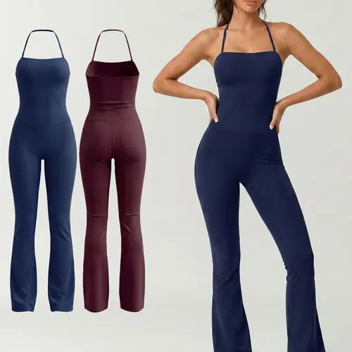 Women's 2 Piece Set Sports Solid Color Jumpsuit, Sporty Yoga Jumpsuit, Workout Jumpsuits, Sleeveless Halter Neck Cami Yoga Outfit Nylon Spandex Fabric Daily Wear Outdoor Training And Gym Workout Wide Leg Pants All Season Activewear