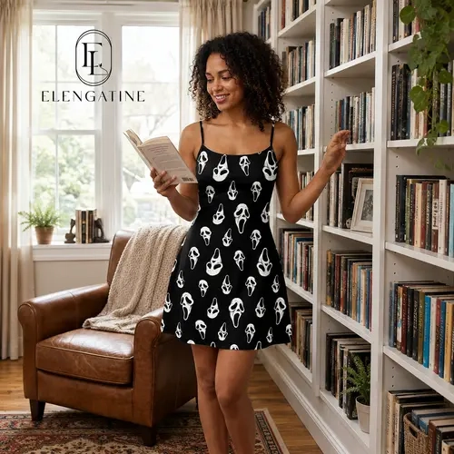 Elengatine Women's Gothic Skeleton Print Polyester Mini Dress - Loose Spaghetti Strap A-Line Sleeveless Casual Sundress, Horror Graphic Baddie Aesthetic Black Fashion Women's Dress for Concert Clothing, Festival Wear