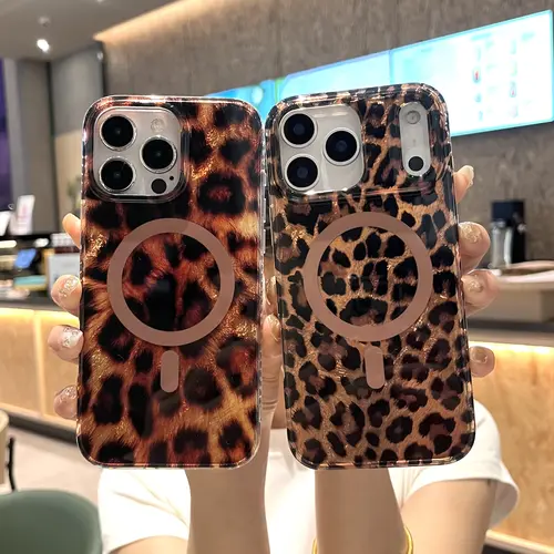 Leopard Cheetah Animal Print Phone Case for iPhone 17 Pro Max/17 Air/16 Pro 15 14 Plus 13,Magnetic Cute Sparkle Glossy Silicone Shockproof Protective Cover for Women Men
