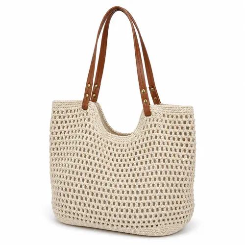 Women's Handmade Woven Fashionable Bohemian Crochet Tote - Hollow Out Lightweight Knit Mesh Shoulder Bag with Faux Leather Handles & Magnetic Snap, Casual Wear Summer Beach Bag for Vacation