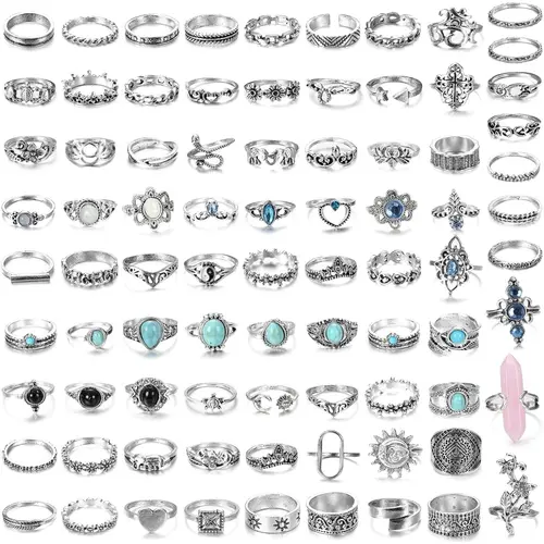 82-Piece Vintage Silver Color Knuckle Ring Set, Unique Rings for Women & Teen Girls, Bohemian Stackable Joint Finger Rings, Retro Artificial Stone Crystal Sparkling Midi Rings Pack, Fashion Stackable Rings