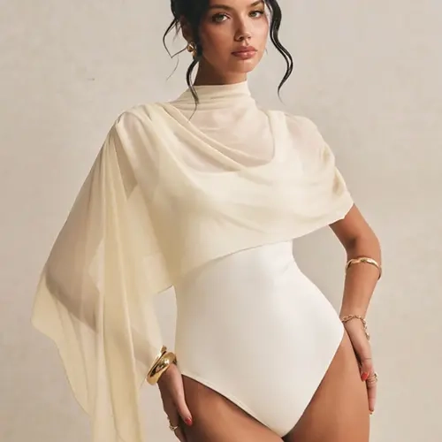 Women's Solid Color Mesh Sheer High Neck Capelet & Sleeveless Slim Fit Bodysuit Set for Parties and Vacations Chic