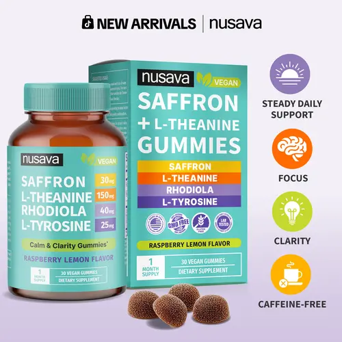 NUSAVA Saffron Gummies 4-in-1 — Mood Support, Everyday Stress & Healthy Cortisol Balance | 30mg Clinically Studied Saffron Extract + L-Theanine + Rhodiola + L-Tyrosine | Calm Clarity, Caffeine-Free | Vegan, Raspberry Lemon, 30 Servings