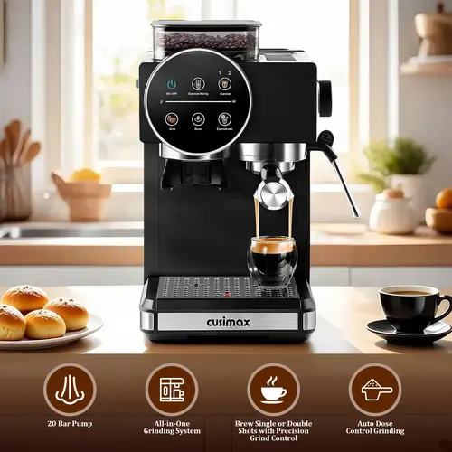 CUSIMAX 20-Bar Semi-Automatic LCD Touchscreen Espresso Machine - Built-in Grinder, Milk Frother Steam Wand, 60oz Tank, 1350W Fast Heat, US Plug, Ground Coffee Compatible, Timer, 12-Cup (12 Cups & Above) At-Home Automatic Espresso Machine for Home Baristas