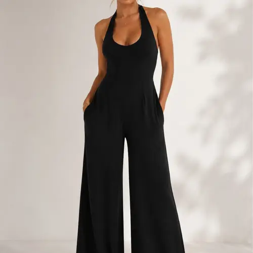 Women's Elengatine Sexy Black Halter Polyester Overalls - Deep V-Neck Backless Wide Leg Romper, Sleeveless Slim Fit 1-Piece, Chic Baddie Style Elegance, Party & Club Wear Backless Design Jumpsuits & Rompers,sohochic
