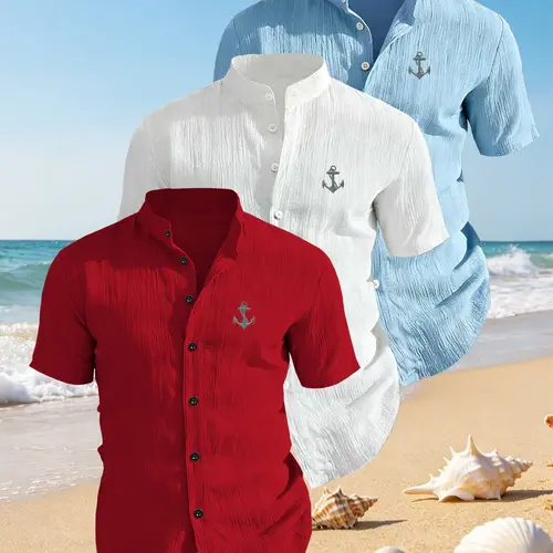 3-Pack Set Men's Summer Tropical Short Sleeve Casual Shirts, Chest Print Design, Lightweight Breathable Solid Stand Collar Button Shirt, Ideal for Beach Poolwear