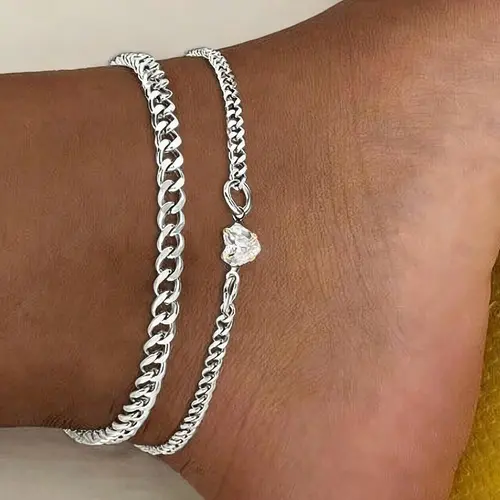 2-Piece Stainless Steel Anklet Set, Vintage Fashion Elegant Heart Layered Anklets, Body Jewelry for Women, Beach Party Gift, Foot Jewelry