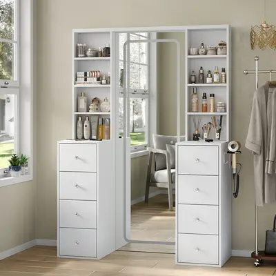 [Shipping By 2 Packages] FUSOU Vanity Desk with Full Length LED Mirror, Tall Makeup Vanity with Power Outlet, 3 Color Modes, Brightness Adjustable, 8 Drawers with Shelves Vanity Table for Bedroom