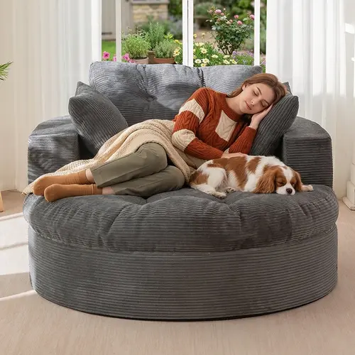MAXYOYO Oversized Round Chaise Lounge Sofa, Upholstered Lounge Chair with 3 Pillows, Boneless Sofa Couch with Ottoman, Deep Seat Sleeper Chair for Living Room, Bedroom, No Assembly| Cloud Sofa | Compressed Sofa | summervibe | Living Room | SohoChic