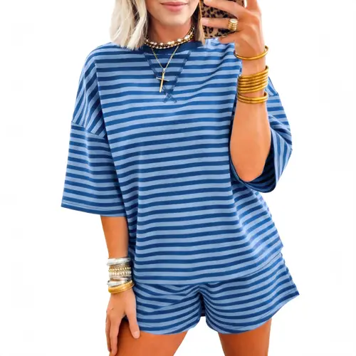 Asvivid Women Stripe Matching Set Striped Ribbed Cotton Two-Piece Short Set with Chest Patch Detail Top & Shorts Casual Summer Fashion Clothes Womenswear