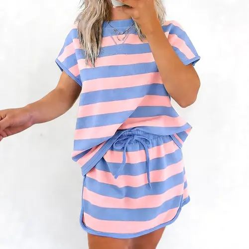 Women's 2-Piece Skort Set, Colorblock Short Sleeve (Shortsleeve) T-Shirt & Drawstring Skirt Matching Outfits, Summer Casual Loungewear with Stripe Detail, Women's Clothes, Everyday Clothes, Striped, 2 Piece Sets,sohochic